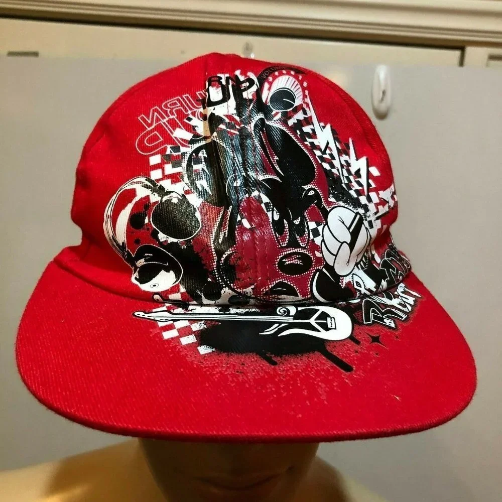 Disney Parks Adult Red Black Mickey Mouse Hat Electric Guitar Headphone Cap Hat